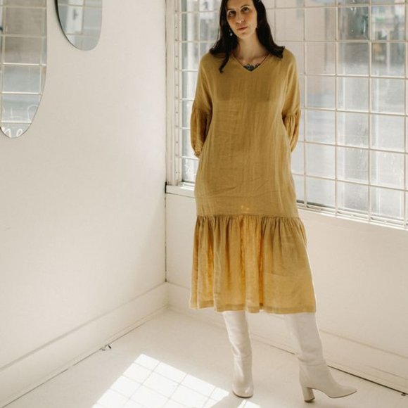 Black Crane Pure Linen Puff Dress - Picture 4 of 7